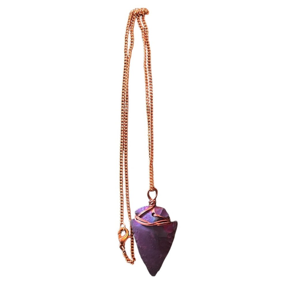 Metallic Purple Arrowhead Necklace – Wire Wrapped with Gold Chain - Unique